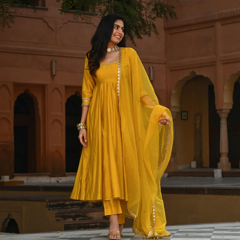 GoSriKi  GoSriKi Women's Rayon Blend Anarkali Solid Kurta with Pant & Dupatta (SITAPATI Yellow-GS_3XL_Yellow_XXX-Large) for Women | Best Price UAE